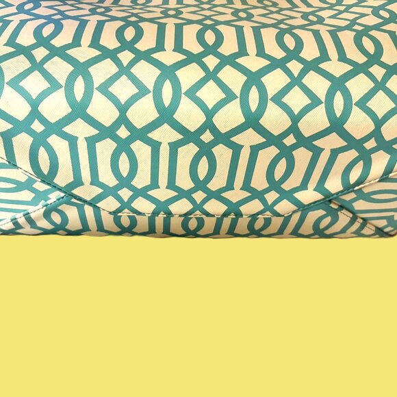 Kate Landry Tote "Like New" Teal/Yellow/White Lattice Design Gold Hardware - Picture 6 of 12